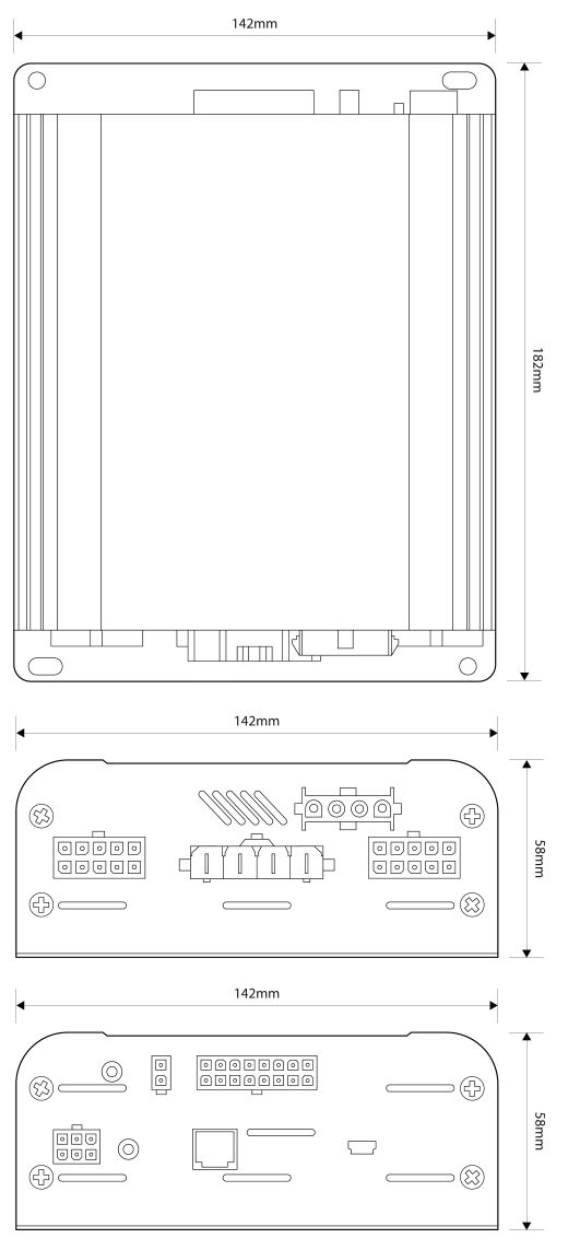 UNI-LIT-002 MCS-16 Universal Controller Dimensions Illustration Showing 142mm Width, 182mm Height and 58mm Height