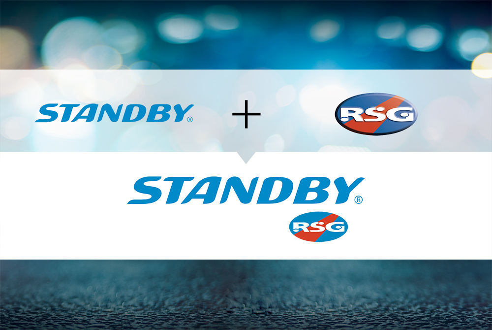 Standby Logo Plus Sign RSG Logo Equals Standby UK Logo on Blue Light Flare Background